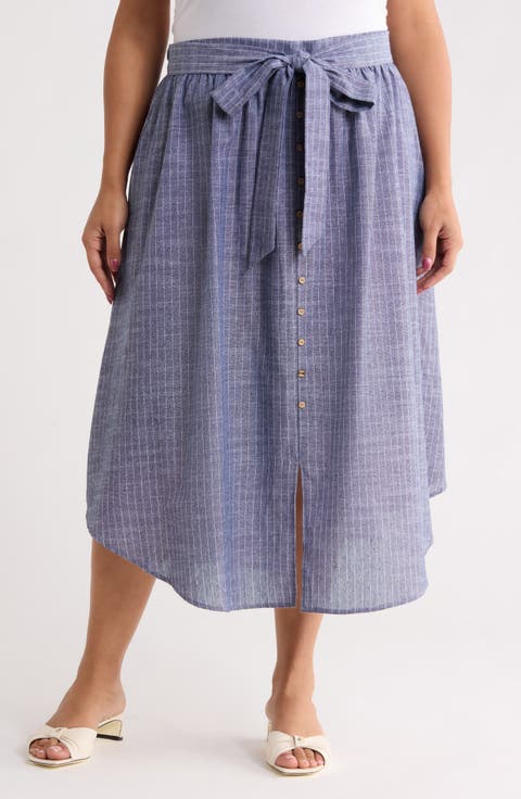 Stripe Linen Blend Curve Hem Midi Skirt (Plus)