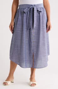 Renee C Stripe Linen Blend Curve Hem Midi Skirt