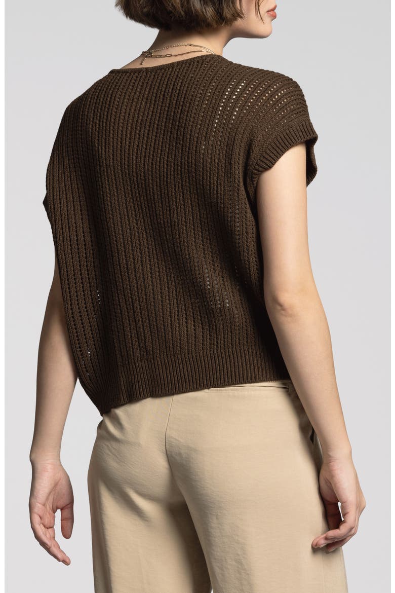 Violette Short Sleeve Linen & Cotton Cardigan, Alternate, color, BLACK BROWN