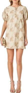 English Factory Ginkgo Leaf Embroidered Puff Sleeve Minidress