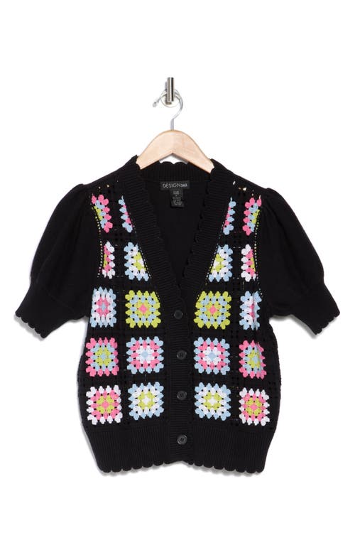 Design History Crochet Square Short Sleeve Cardigan In Black Combo