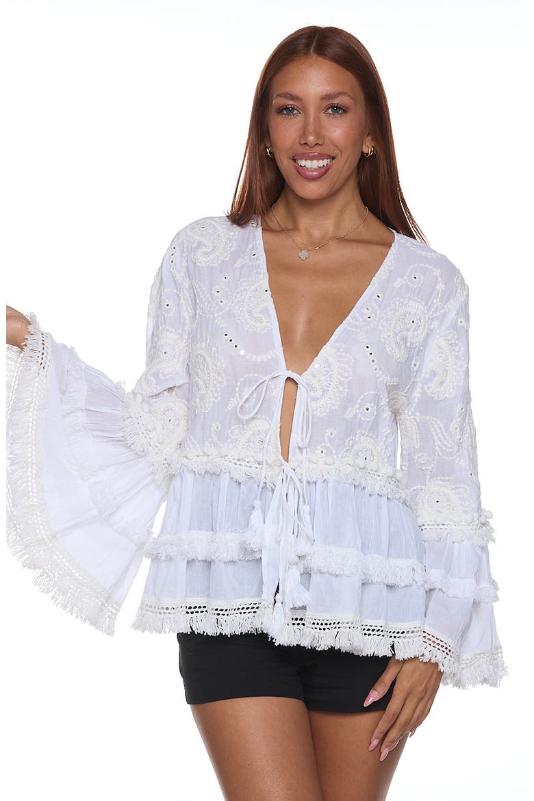 Ruffle Sleeve Cover-Up Top, Alternate, color, WHITE
