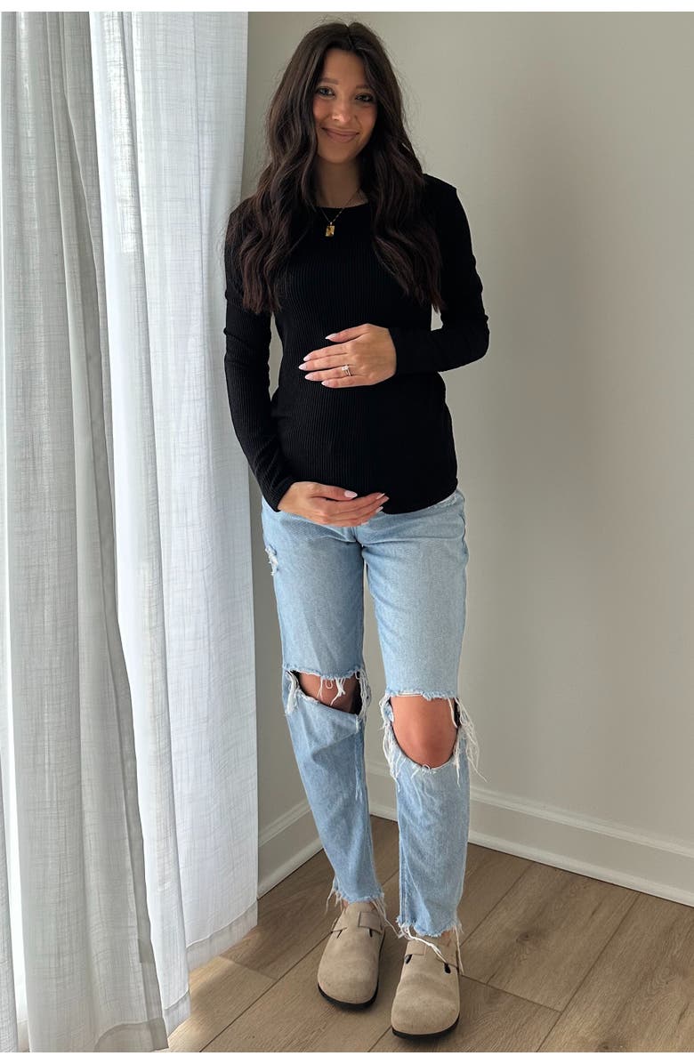 PinkBlush Ribbed Scoop Neck Long Sleeve Top, Alternate, color, Black