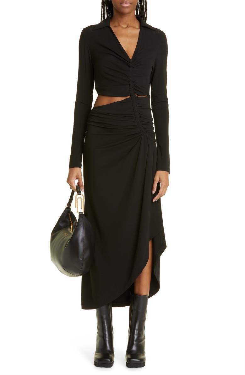 Off-White Cutout Ruched Long Sleeve Draped Midi Dress, Main, color, 