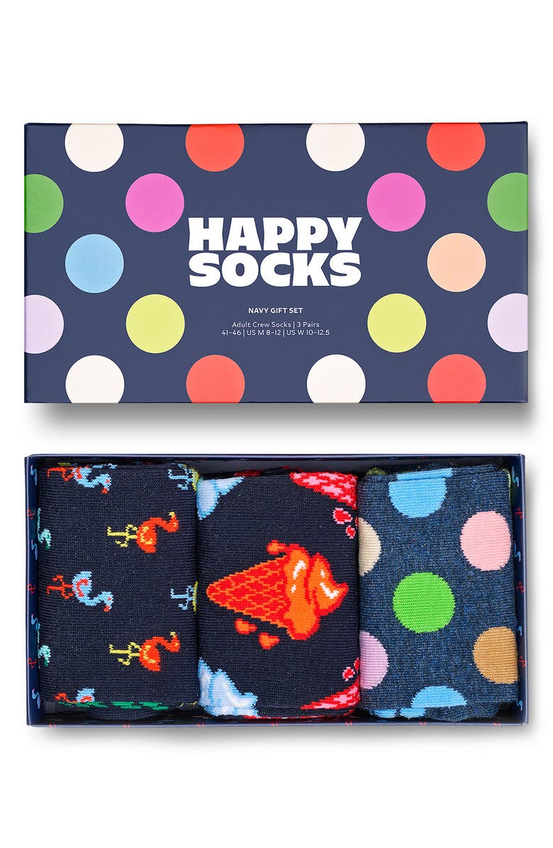 Happy Socks Navy Assorted 3-Pack Crew Socks Gift Box, Alternate, color, Navy Multi