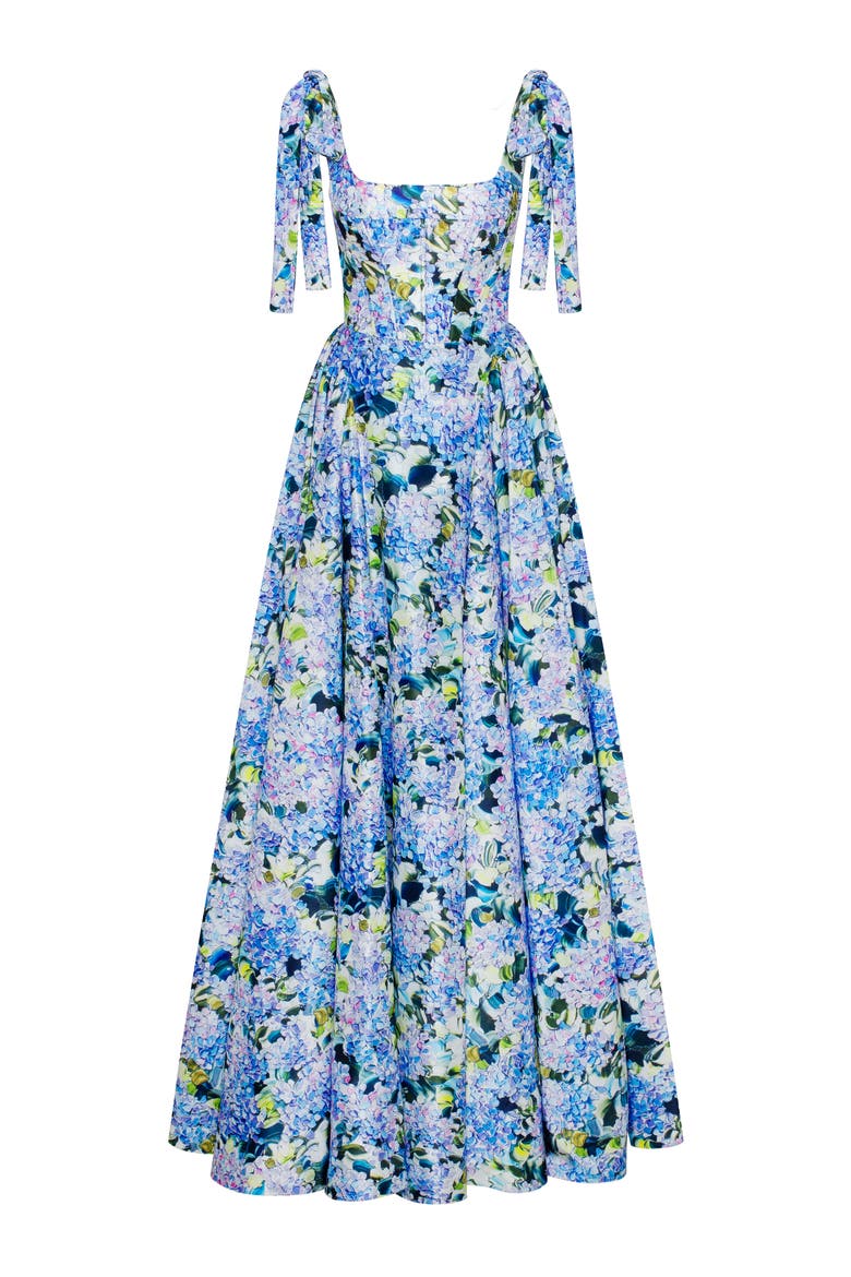 A-Line Corset Taffeta Maxi Gown in Blue Hydrangea Print for Formal Occasions, Alternate, color, Blue Hydrangea