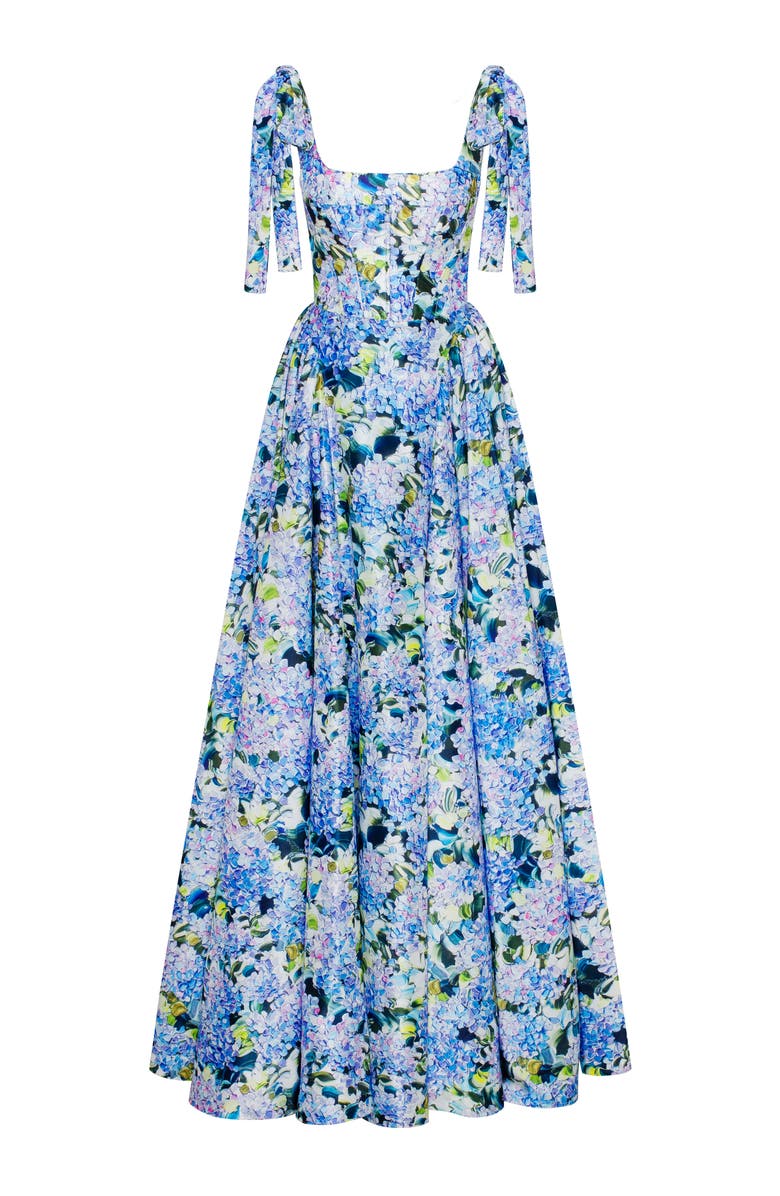 Milla A-Line Corset Taffeta Maxi Gown in Blue Hydrangea Print for Formal Occasions, Alternate, color, Blue Hydrangea