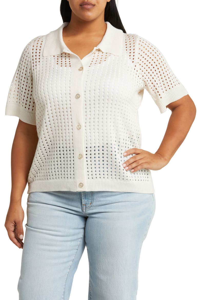 Zena Openwork Button-Up Shirt, Main, color, GARDENIA