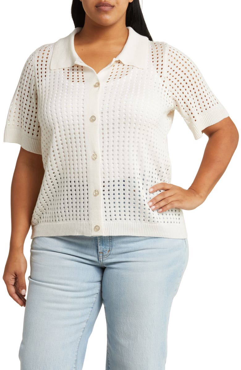 BY DESIGN Zena Openwork Button-Up Shirt, Main, color, Gardenia