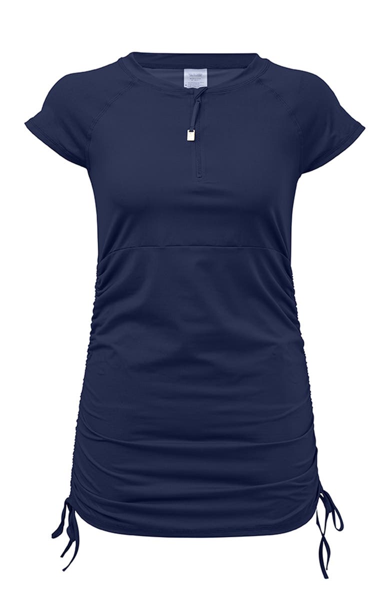 Snapper Rock Ruched Short Sleeve Swim Dress, Main, color, Navy