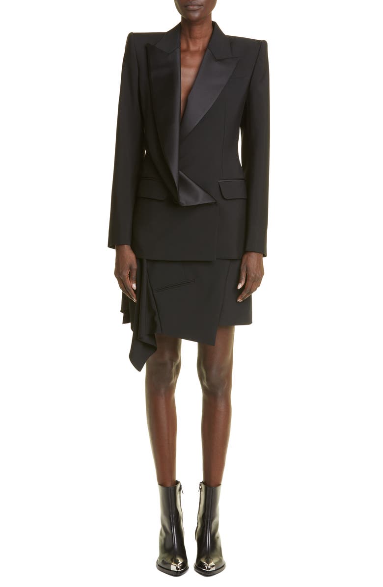 McQueen Asymmetric Drape Front Wool Tuxedo Jacket, Alternate, color, 