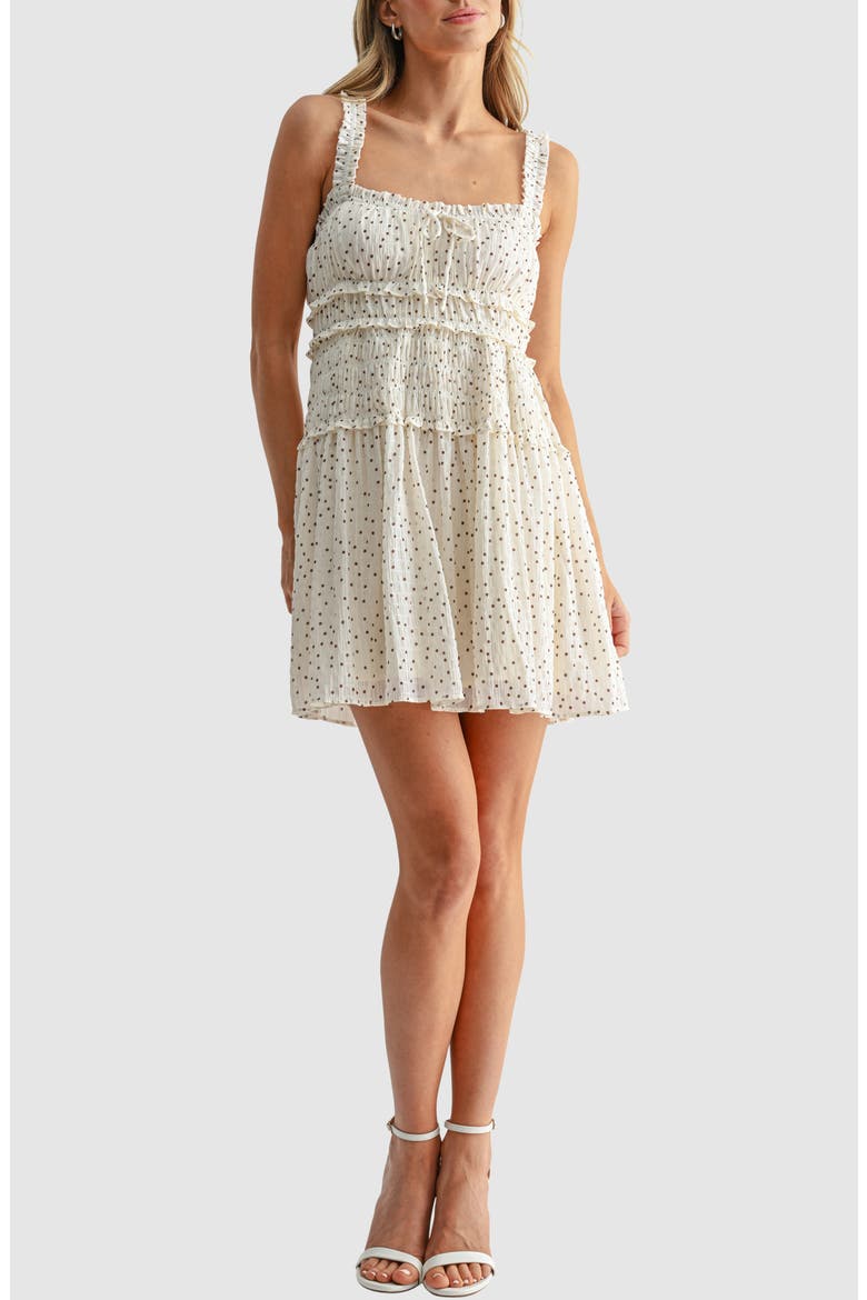 Shirred Fit and Flare Minidress, Main, color, CREAM BROWN DOT