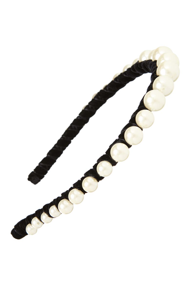 Graduated Imitation Pearl Velvet Headband, Main, color, JET