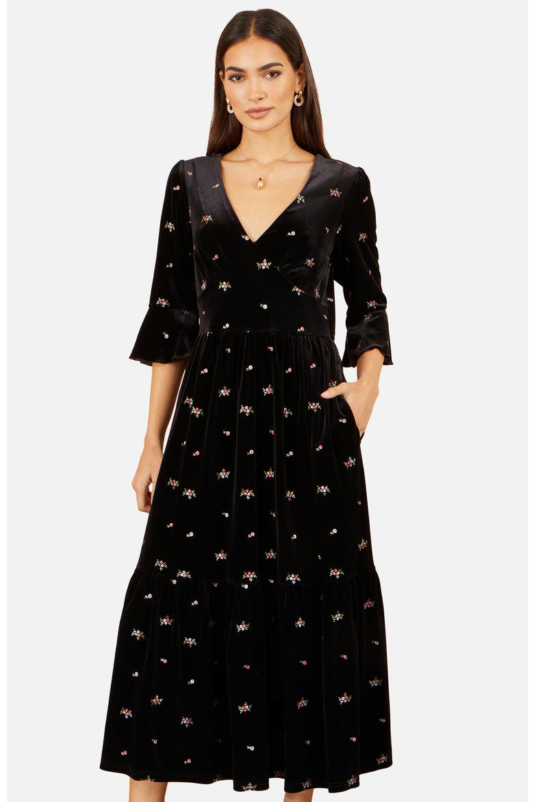 Velvet Embroidered V-Neck Midi Dress, Alternate, color, Black