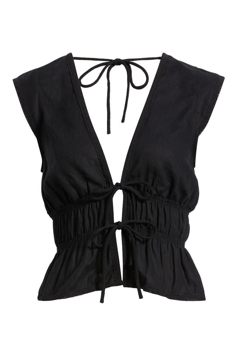 Clara Tie Front Linen Blend Top, Alternate, color, BLACK