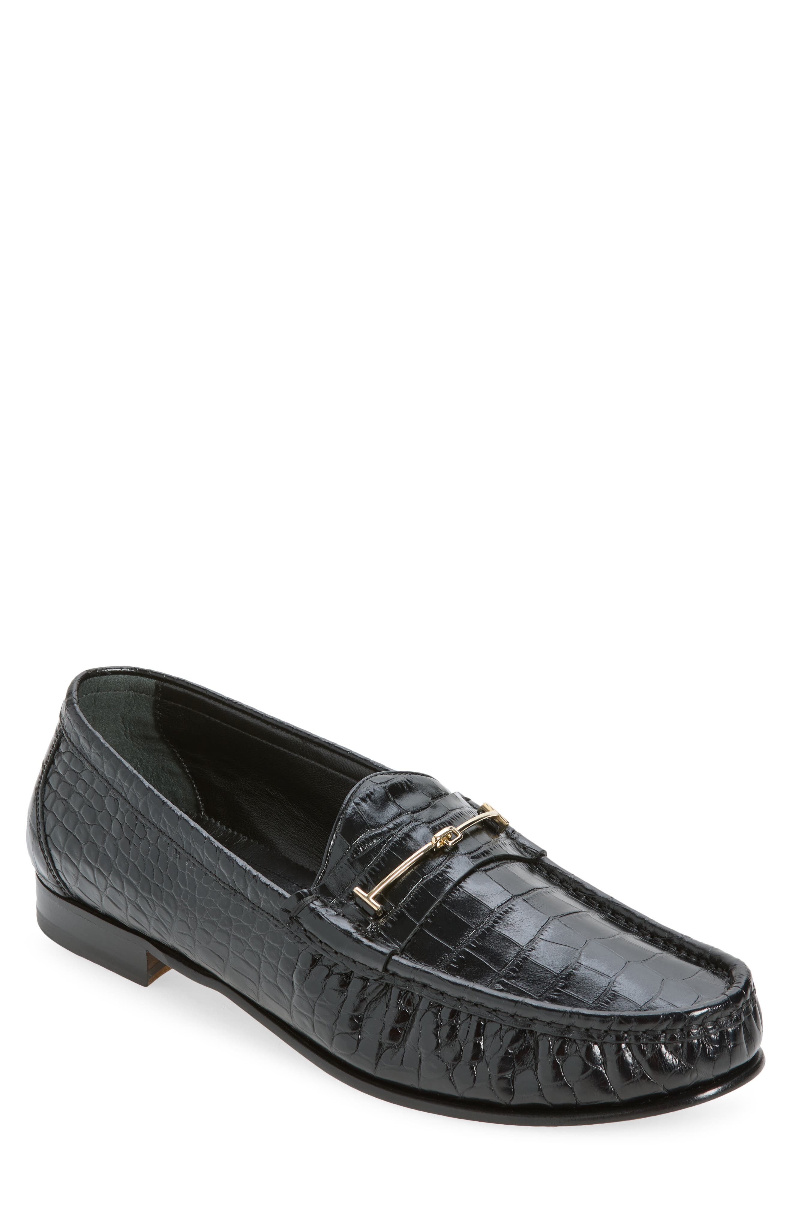 Double-T Hardware Shiny Croc Embossed Loafer, Main, color, NAA BLACK