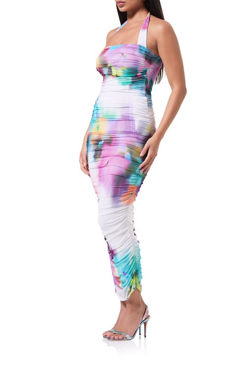 Afrm Indina Floral Ruched Mesh Halter Maxi Dress In Blur Pansy