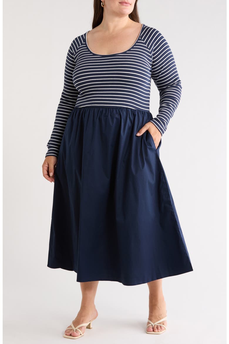 Mixed Media Midi Dress, Main, color, NAVY- IVORY ASHLEY STRIPE