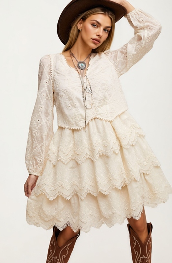 Tiered Scalloped Hem Long Sleeve Lace Dress