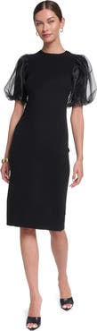 HALSTON Long Sleeve Knit Puff Sleeve Midi Dress