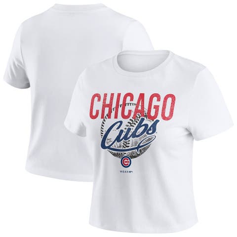 Women's WEAR by Erin Andrews  White Chicago Cubs Distressed Cropped Baby T-Shirt