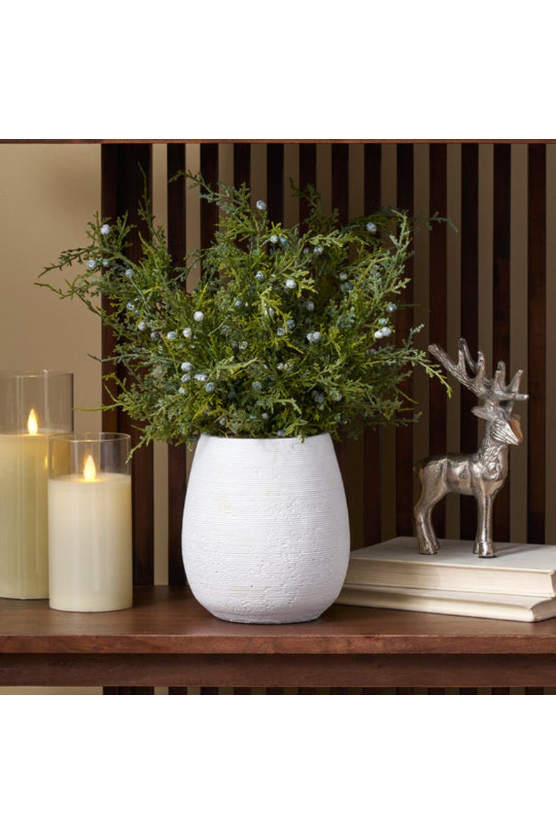 Lifelike Juniper Berry Small Faux Topiary Bush in Textured Concrete Pot Winter Holiday Arrangement, Alternate, color, Green