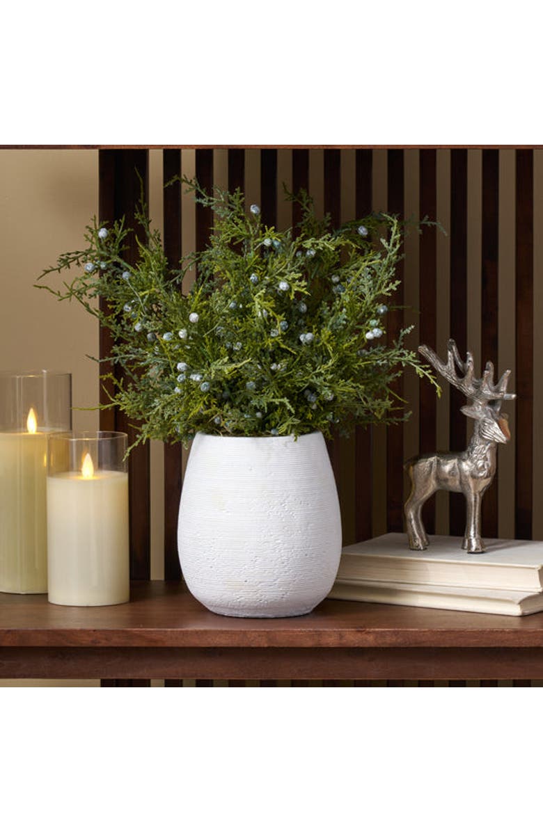 Darby Creek Trading Lifelike Juniper Berry Small Faux Topiary Bush in Textured Concrete Pot Winter Holiday Arrangement, Alternate, color, Green