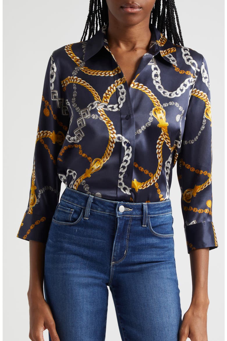 Dani Chain Print Silk Button-Up Shirt, Alternate, color, MIDNIGHT MULTI CLASSIC CHAIN