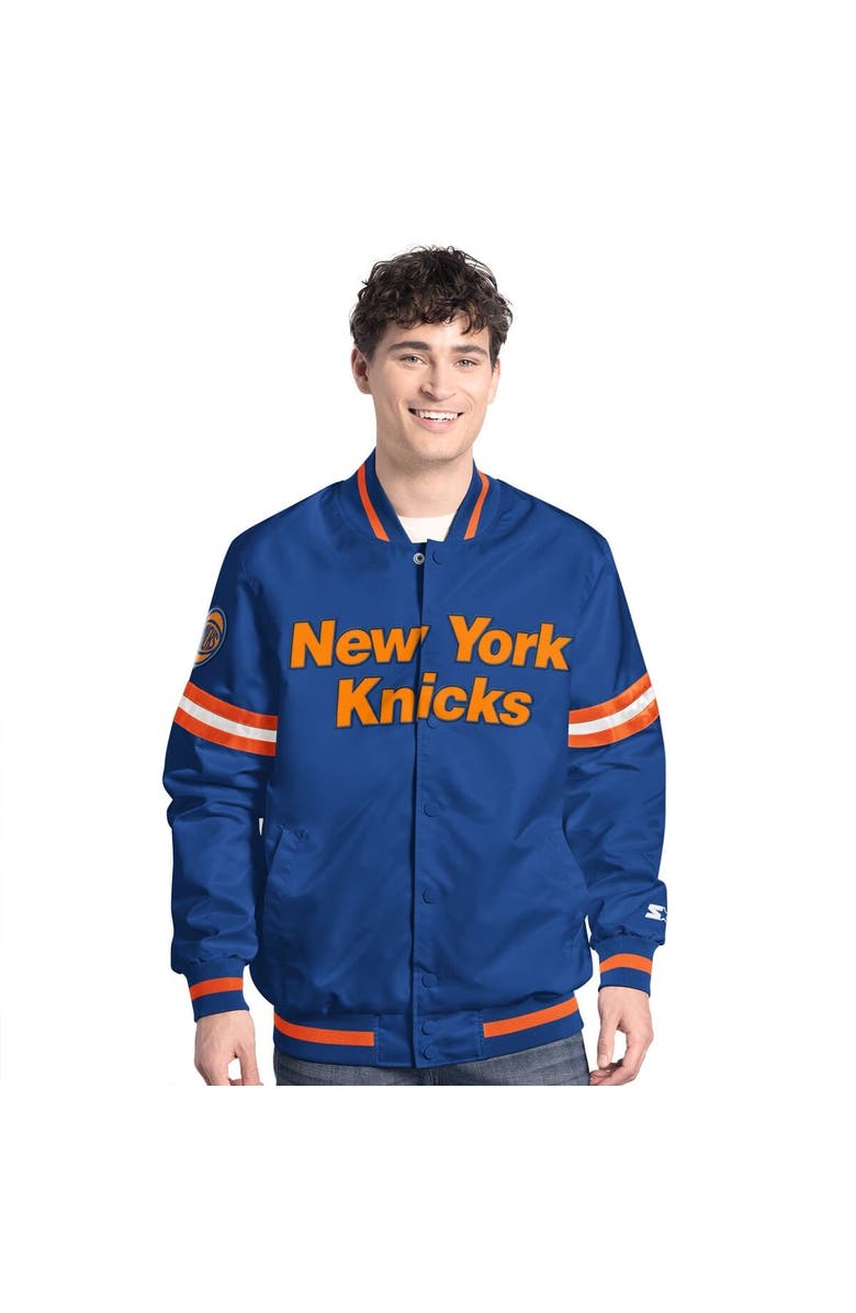 STARTER Men's Starter Blue/Orange New York Knicks Scout Full Snap Varsity Jacket, Alternate, color, Blue