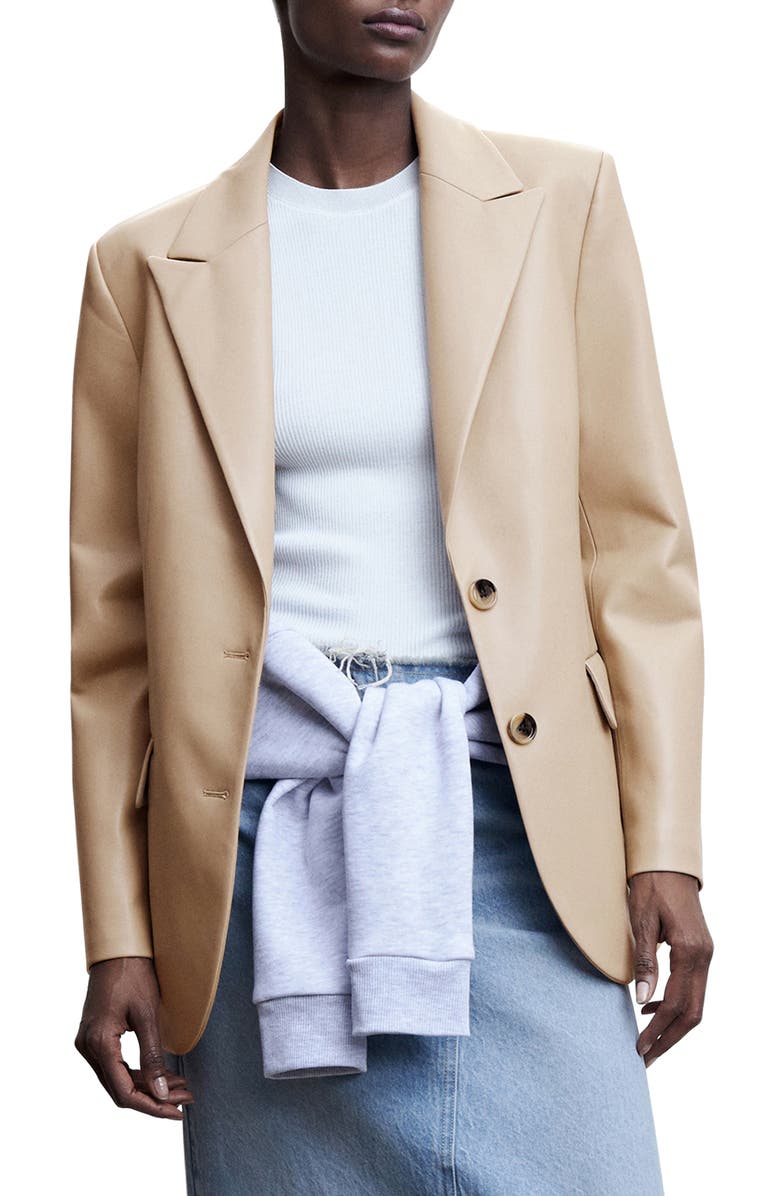 MANGO Peaked Lapel Faux Leather Blazer, Main, color, 