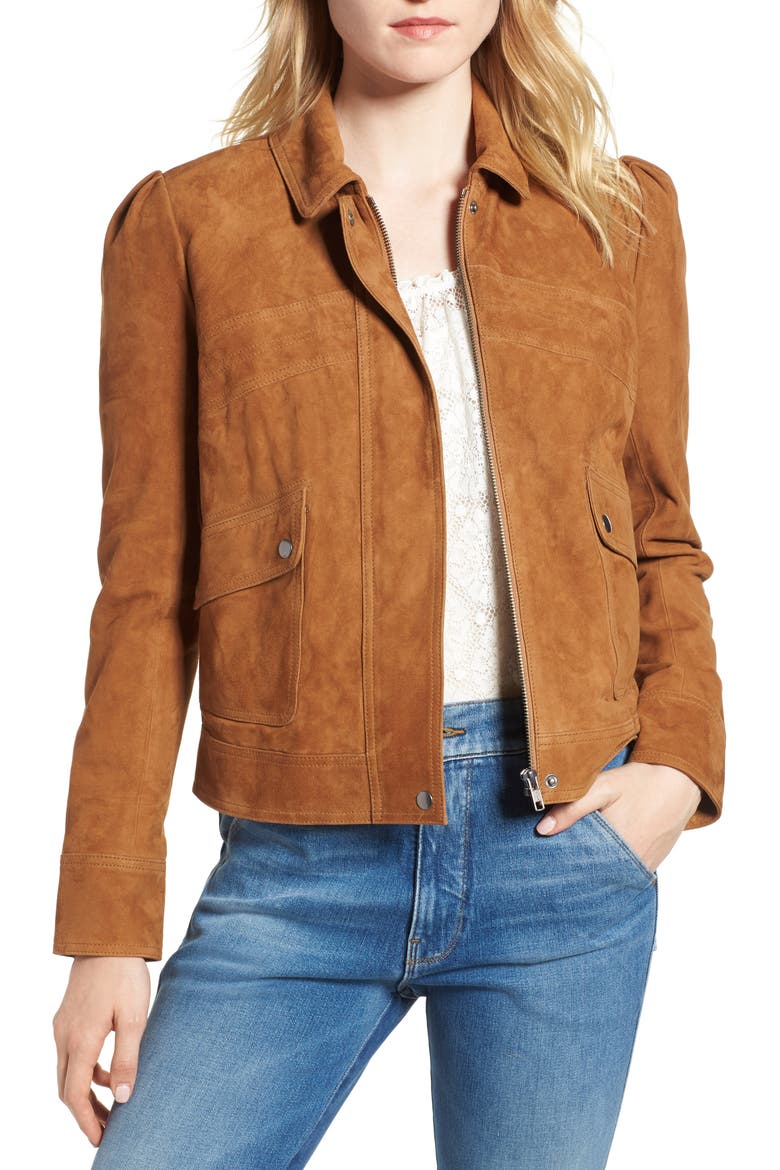 Stitch Detail Suede Jacket, Main, color, TAN COGNAC