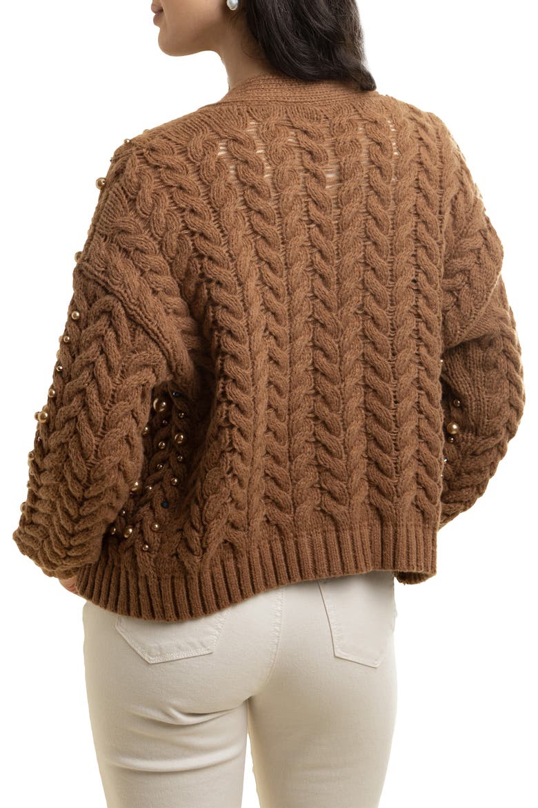 Faux Pearl Knit Cardigan, Alternate, color, BROWN
