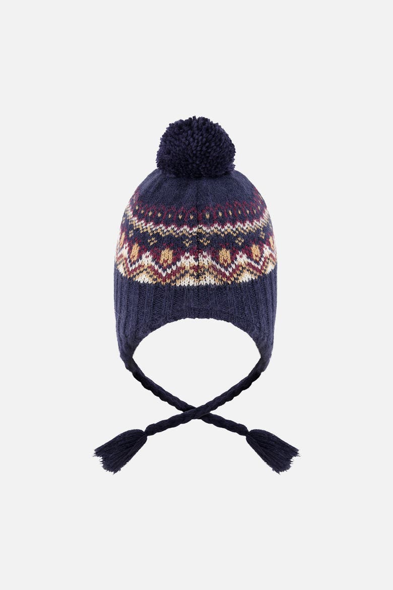 Winter Fair Isle Earflap Peruvian Knit Hat with Pompom, Alternate, color, Blue and Red Jacquard