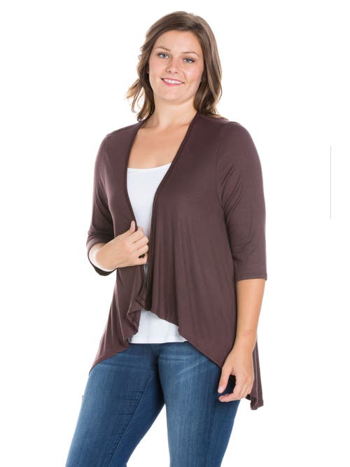 24seven Comfort Apparel Plus Size Elbow Length Sleeve Open Cardigan In Brown