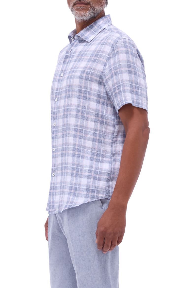 Orson Plaid Short Sleeve Slub Linen Button-Up Shirt, Alternate, color, STEEL