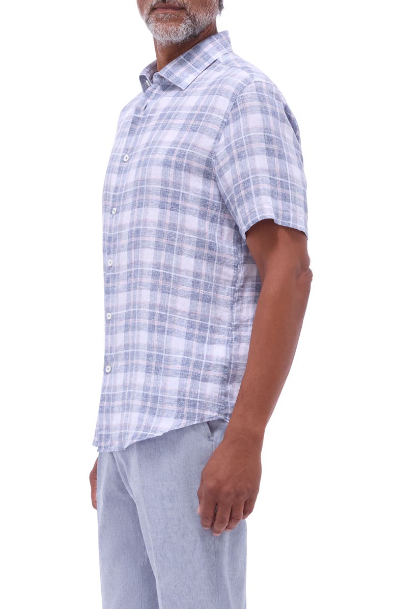 Bugatchi Orson Plaid Short Sleeve Slub Linen Button-Up Shirt, Alternate, color, Steel