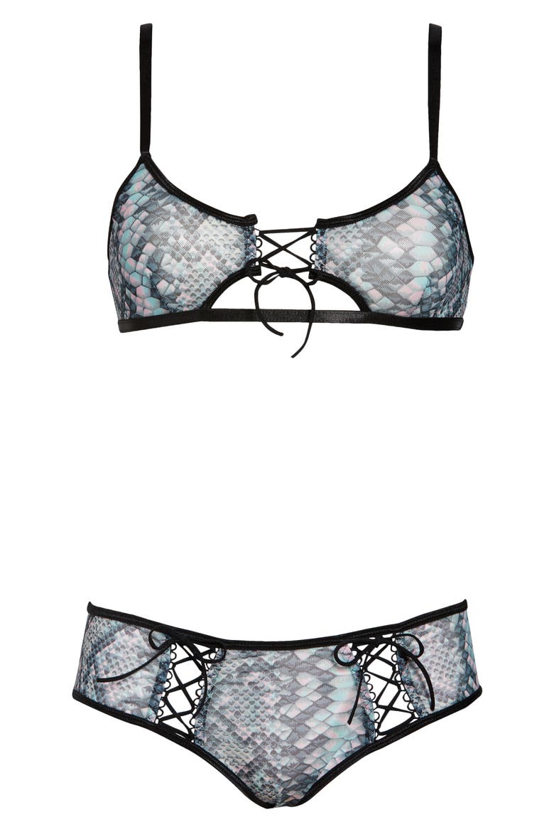 Snake Charmer Print Mesh Bra & Briefs Set, Alternate, color, GRAY