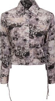 The Norway Club Linen Button Front Drawstring Cropped Blouse