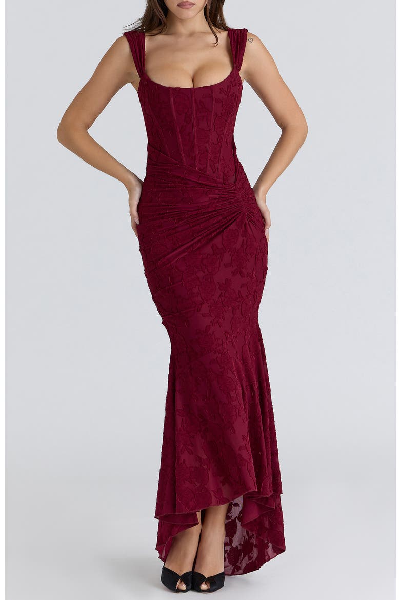 Cesca Floral Burnout Corset Cocktail Dress, Main, color, WINE