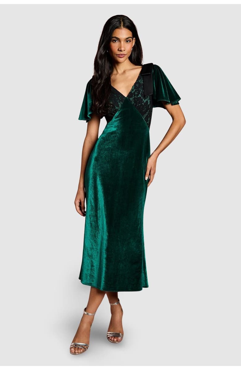 Coast Velvet Lace Mix Short Sleeve Midi Dress, Main, color, Emerald