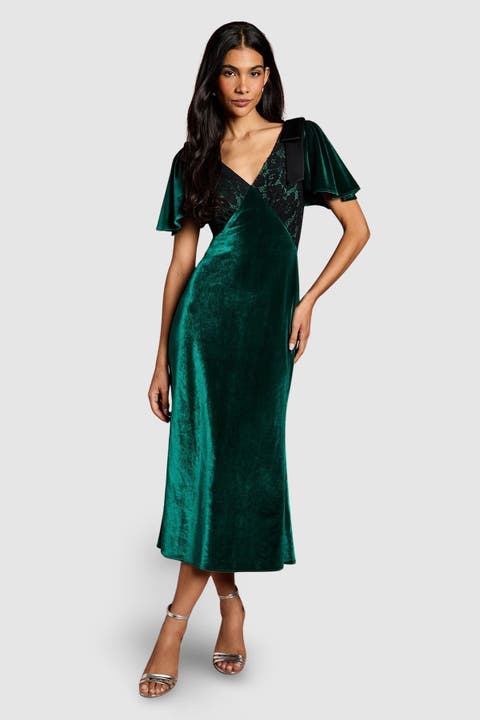 Velvet Lace Mix Short Sleeve Midi Dress