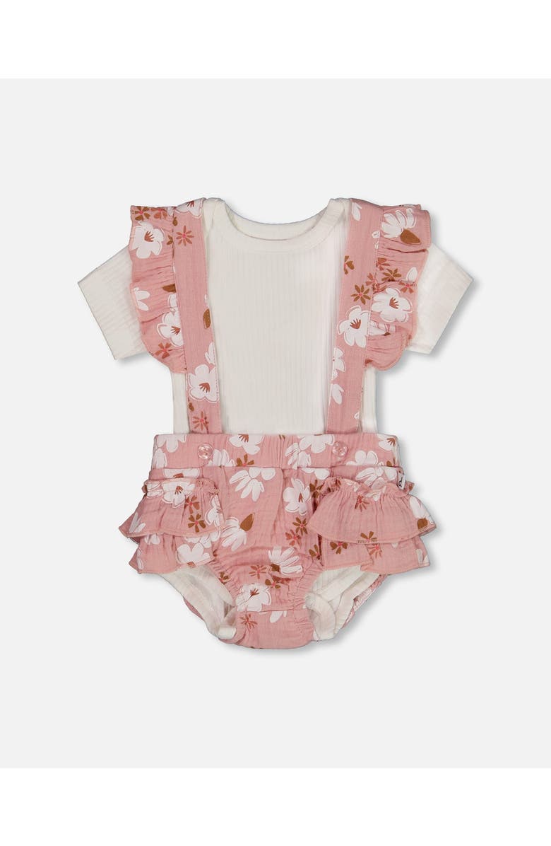 Deux par Deux Baby Girl's Printed Muslin Short And Organic Cotton Bodysuit Set Pink And White Flowers, Main, color, Pink And White Flowers