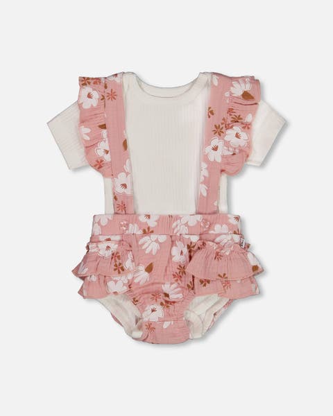 Baby Girl's Printed Muslin Short And Organic Cotton Bodysuit Set Pink And White Flowers