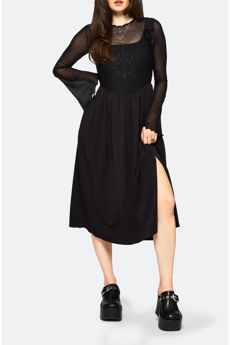 Cybele Embroidered Corset Midi Dress, Alternate, color, Black