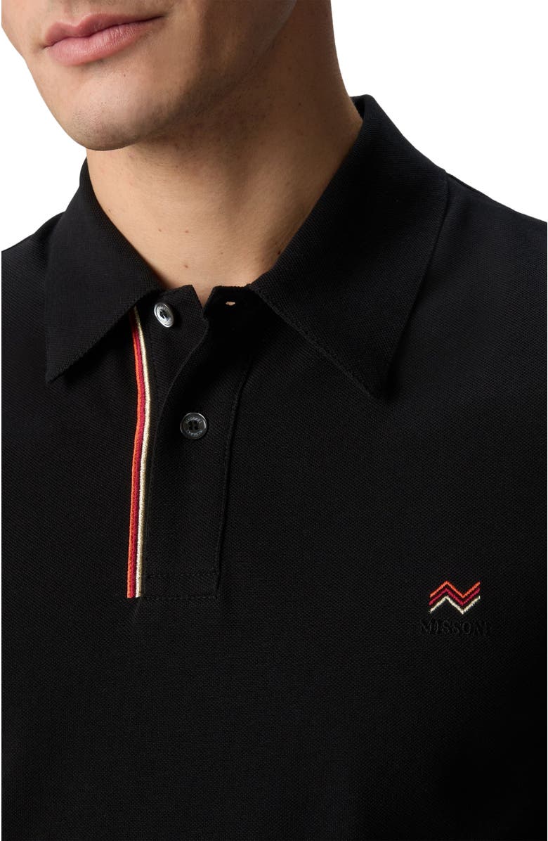 Missoni Solid Color Cotton Piqué Polo Shirt With Zigzag Embroidery And Contrasting Detail, Alternate, color, Black