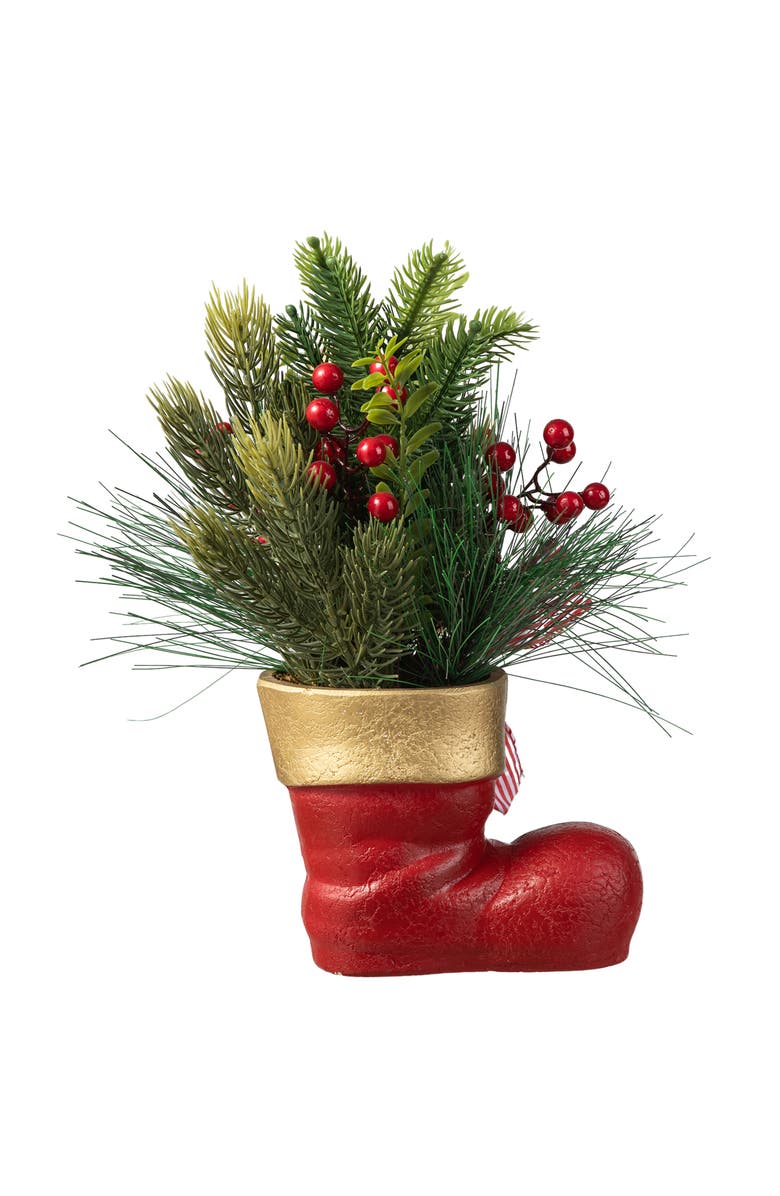 Glitzhome Christmas Red Boot with Pine Needle & Berry Centerpiece, Alternate, color, 