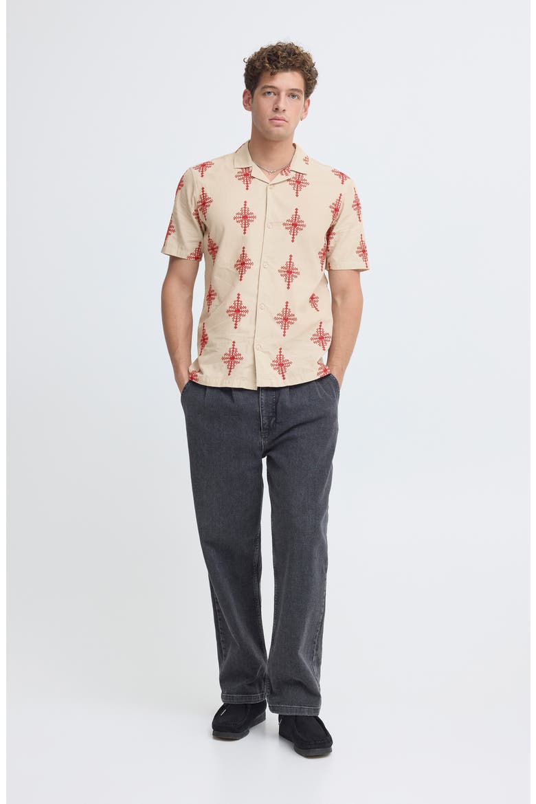 Leopold Geo Embroidered Cotton Camp Shirt, Alternate, color, PLAZA TAUPE