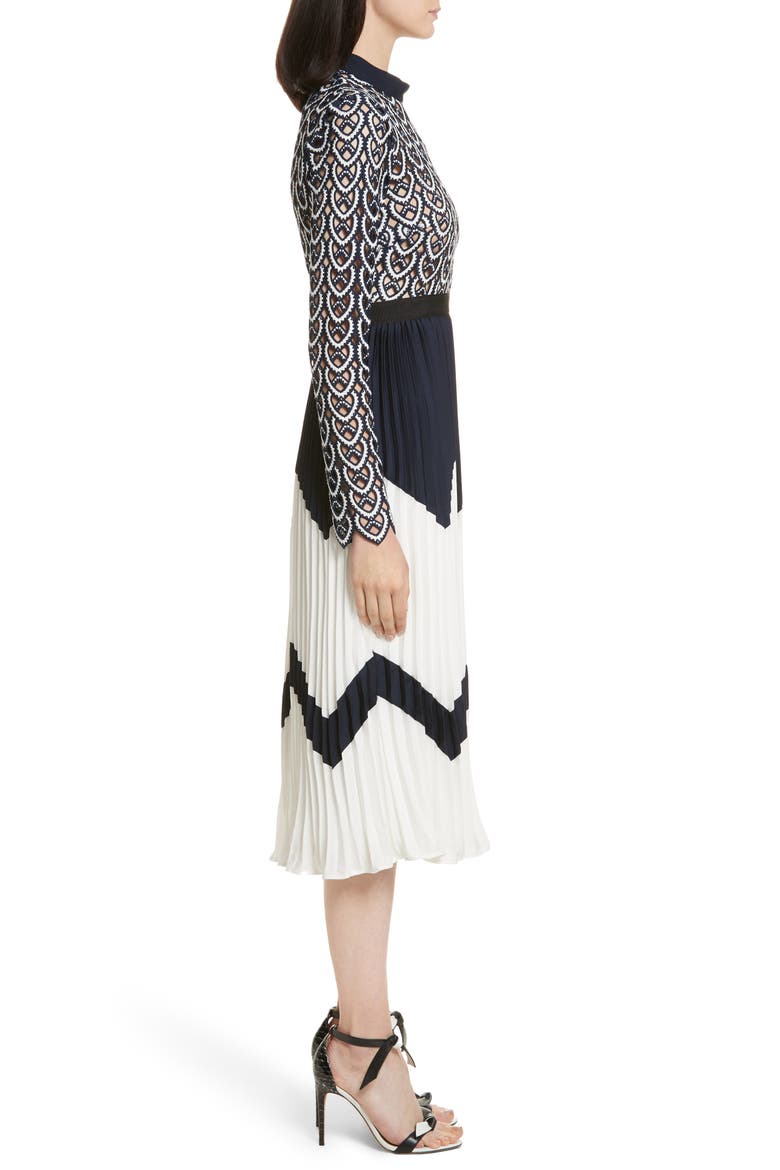 Sweetheart Crochet Pleated Midi Dress, Alternate, color, NAVY/ WHITE