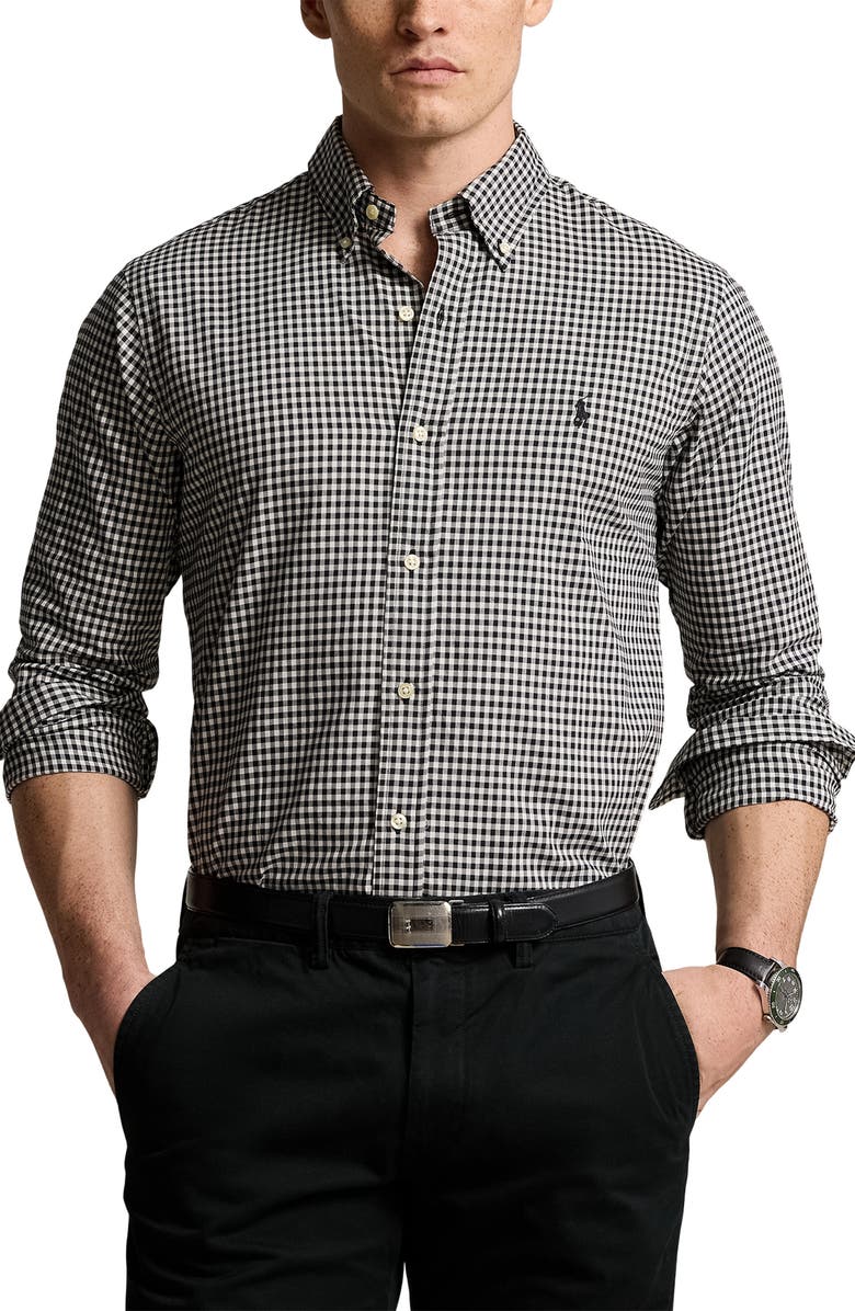 Polo Ralph Lauren Classic Fit Gingham Sanded Twill Button-Down Shirt, Main, color, 4192B Nero/Blanc