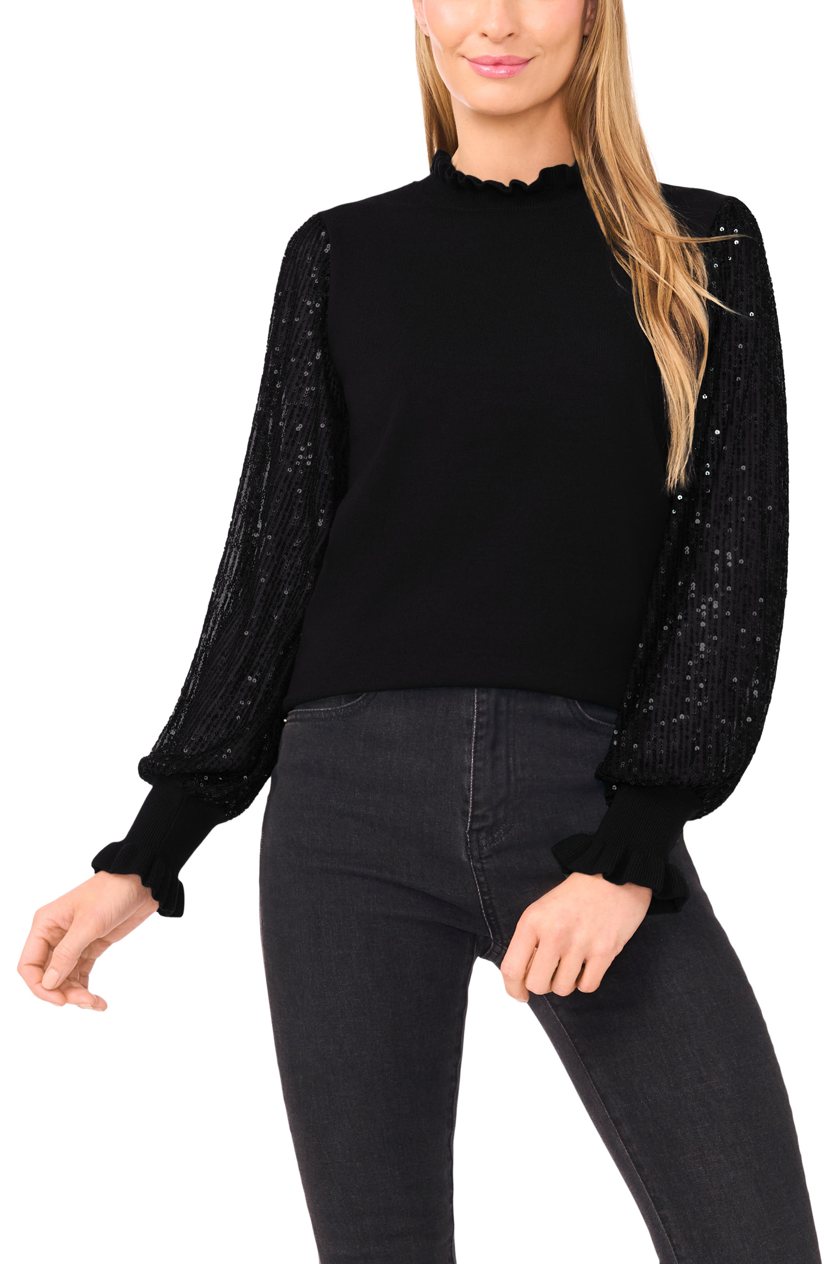 CeCe Sequin Sleeve Mock Neck Sweater